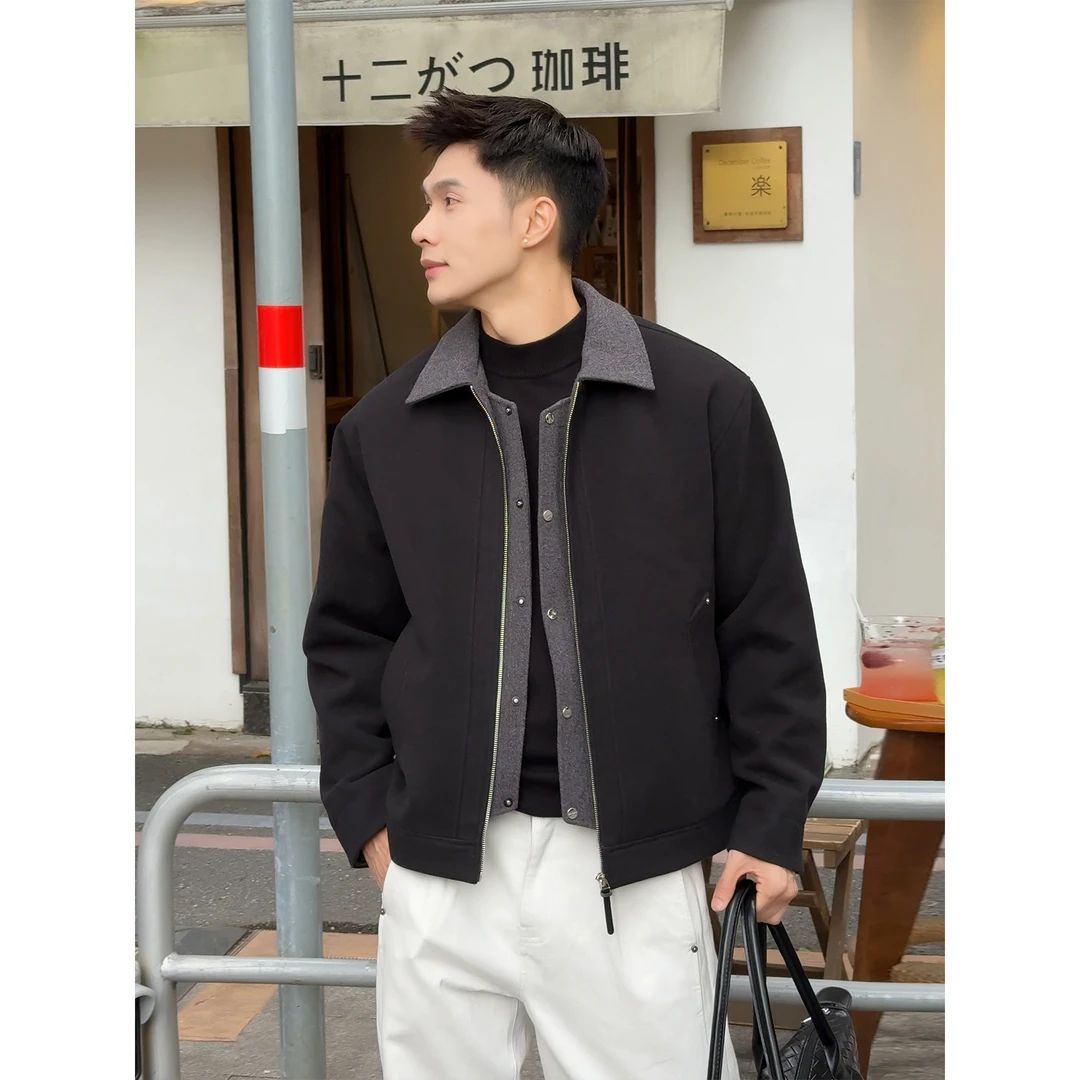 「羊毛混纺呢料」高级质感翻领假两件夹棉保暖呢子外套J81326 A29