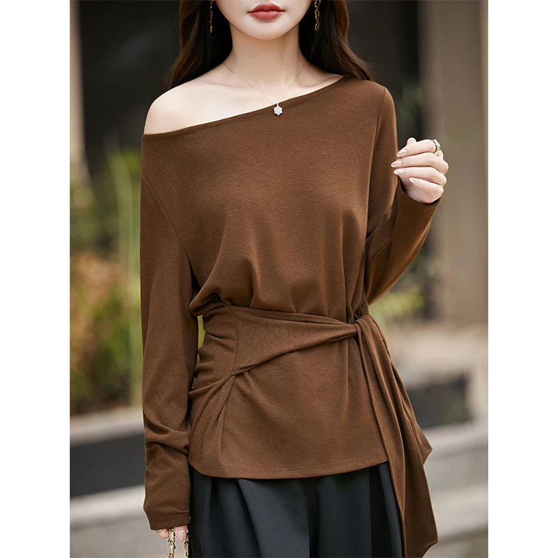 斜肩绑带设计感t恤女士气质显瘦套头长袖打底衫复古时尚收腰小衫
