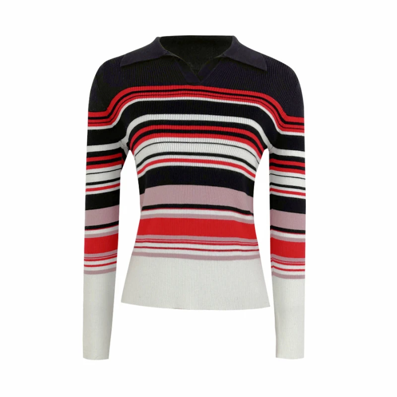 羊毛翻领撞色条纹针织衫C240952