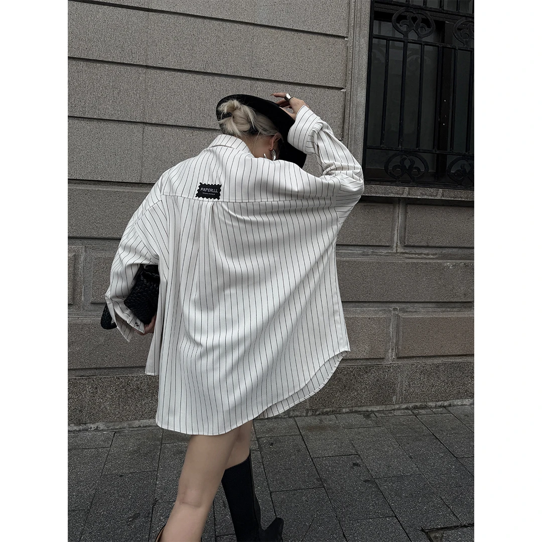 09.26  P0926C3944  中性oversize条纹衬衫女慵懒翻领长袖衬衣