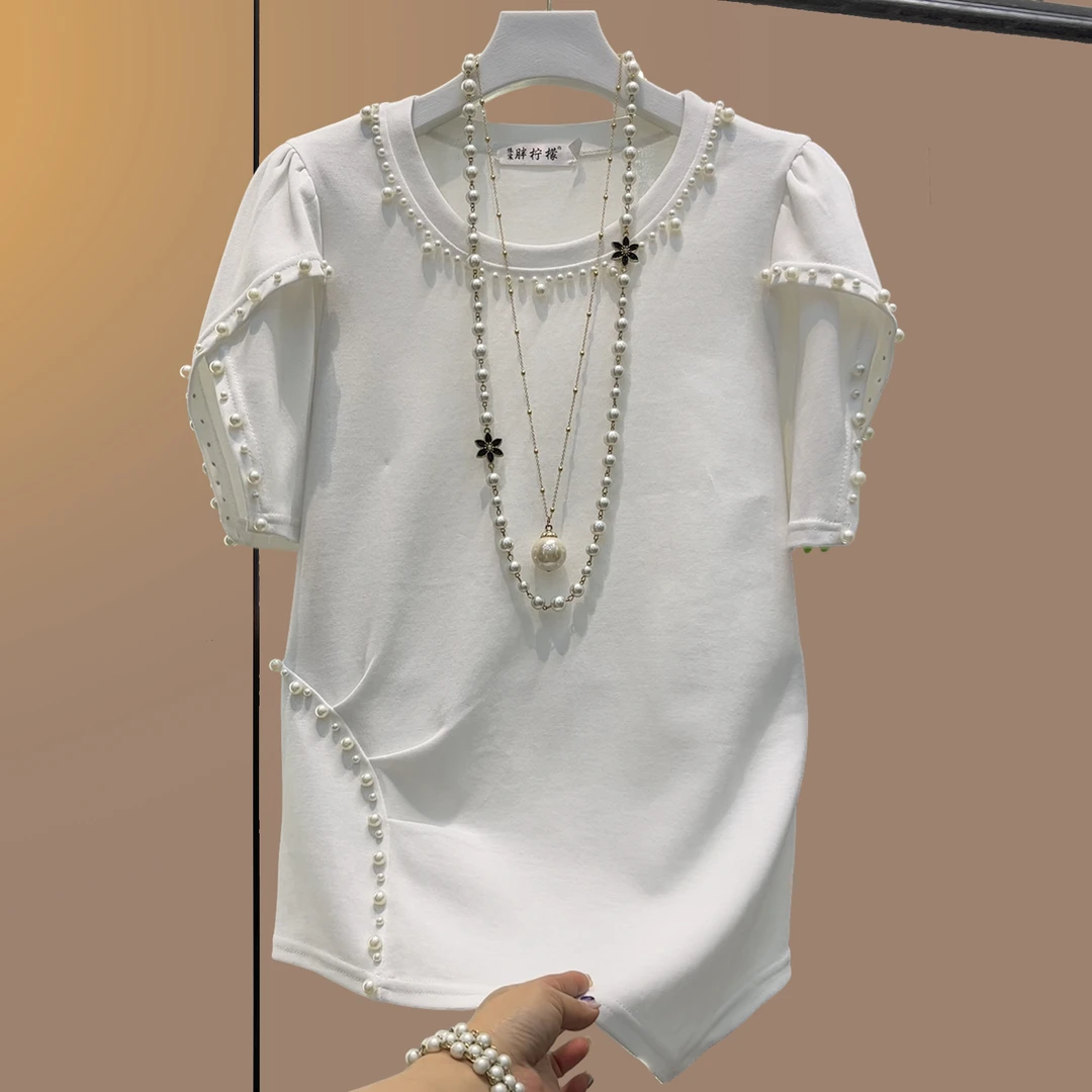 大码女装胖妹妹夏季圆领时尚宽松常规钉珠T恤百搭小众设计师短袖