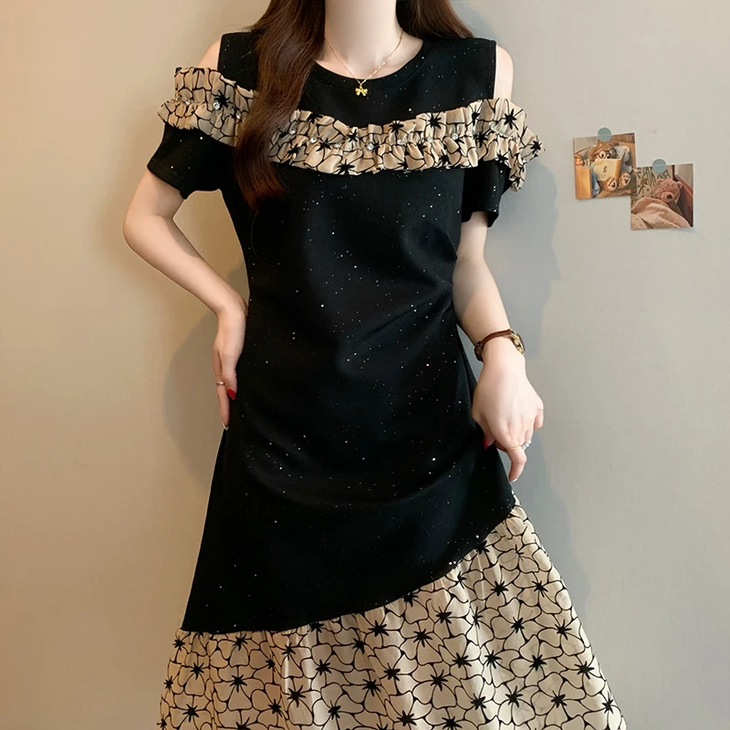 2025夏季新款大码女装时尚洋气设计感拼接露肩镶钻收腰显瘦连衣裙