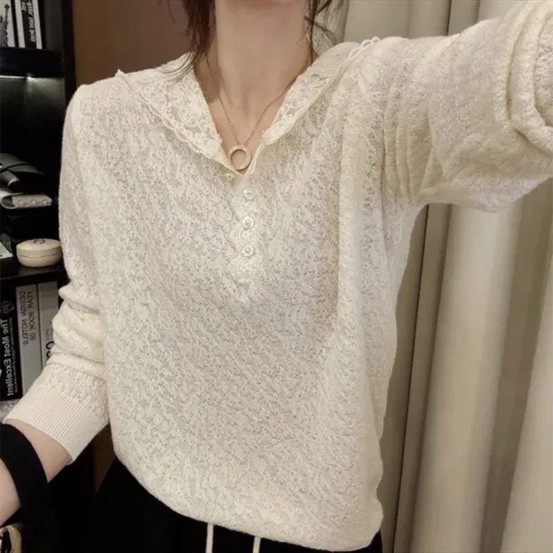 【小沫家】连帽蕾丝花边针织衫女2025春秋新款时尚洋气宽松内搭上衣