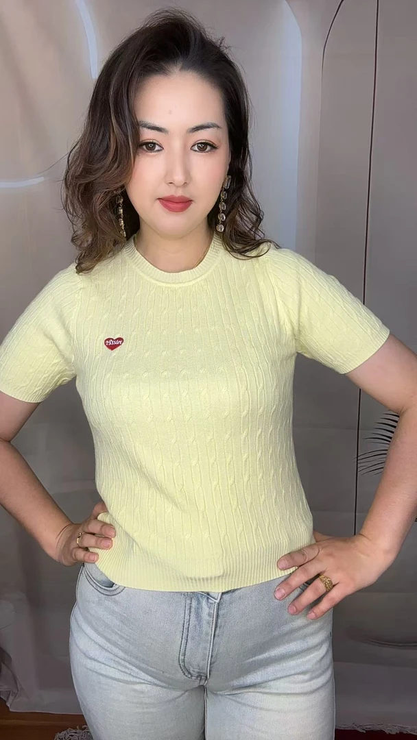 上衣针织衫女夏季秋冬短袖纯色休闲毛短款绿色针织衫修身圆领套头