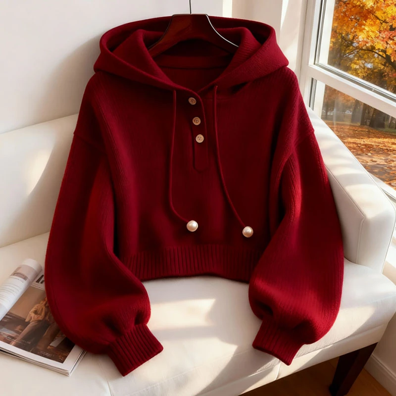 小众别致红色连帽抽绳针织卫衣秋季韩系慵懒风时尚洋气舒适打底衫