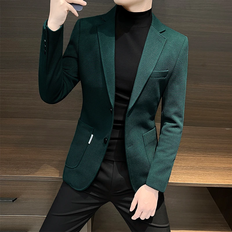 墨绿色男士西装外套2025新款秋冬单西华夫格韩版修身商务休闲西服