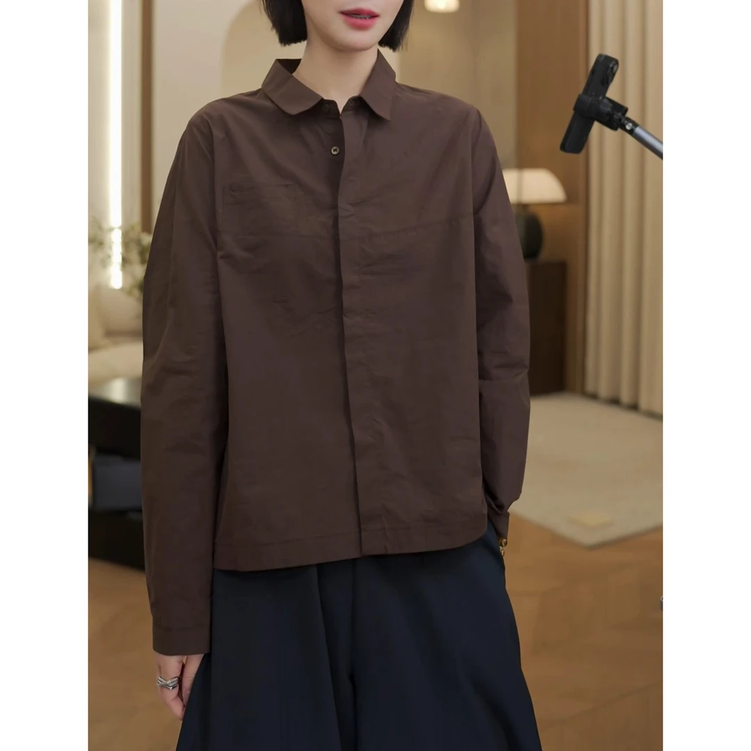 气质洋气时尚纯色长袖衬衫上衣2025秋季新款百搭显瘦POLO领小衫女