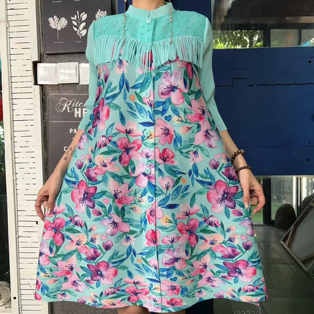 【欧洲站】S3706减龄洋气褶皱印花连衣长裙