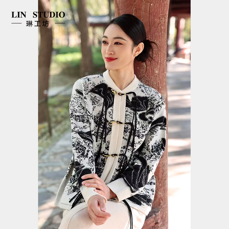 【100%山羊绒】琳工坊“云闲”黑白提花针织衫新中式优雅气质唐琳设计