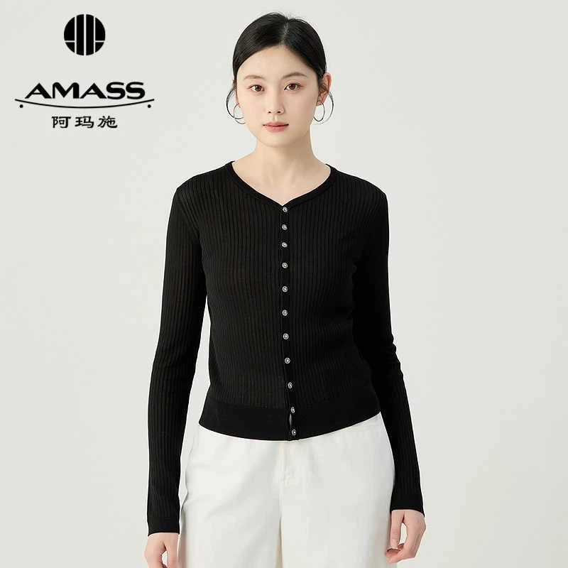 AMASS/阿玛施简约随性清凉百搭凹凸形面小V领薄款针织开衫548012