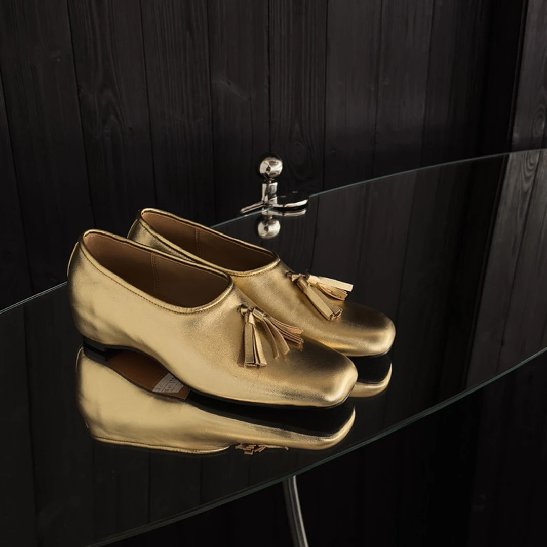 法式金色流苏内增高小皮鞋女2026早春新款方头深口单鞋真皮乐福鞋