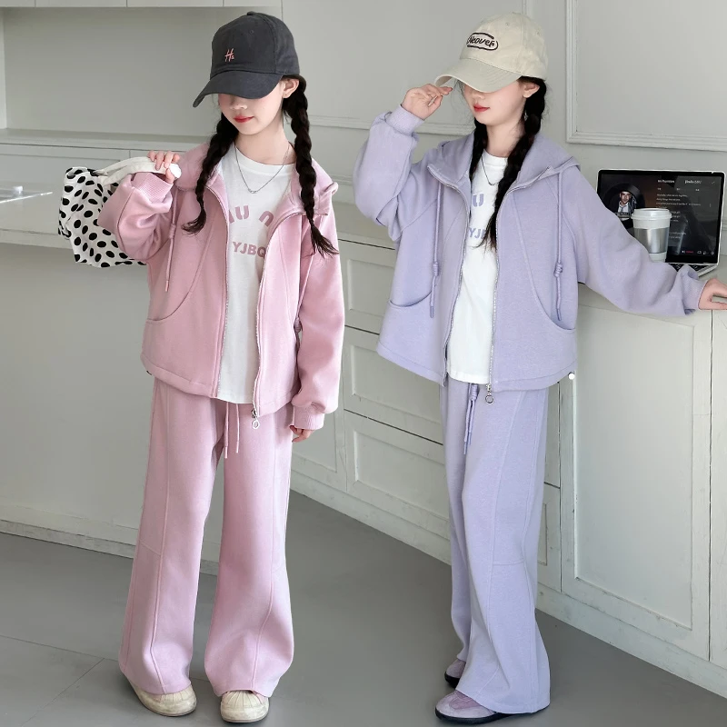 女童春秋款运动套装2025新款大女孩连帽拉链外套T恤休闲裤三件套9