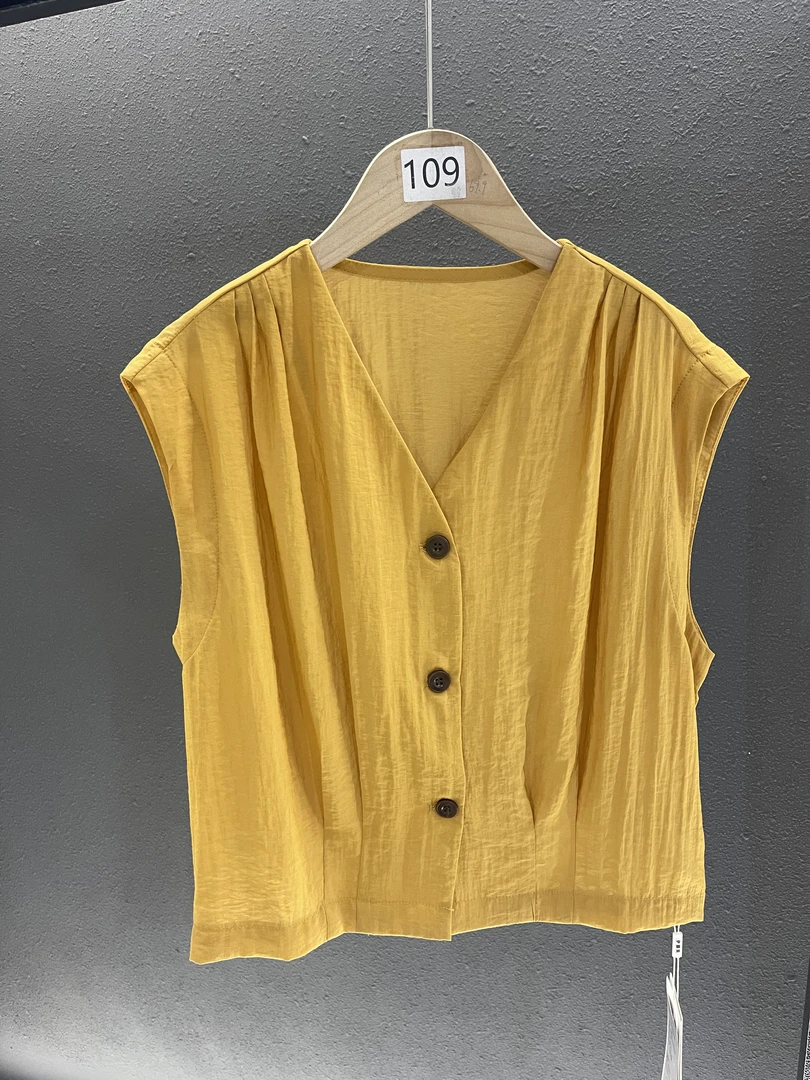 109-短款夏季V领法式无袖薄款衬衫上衣少女风