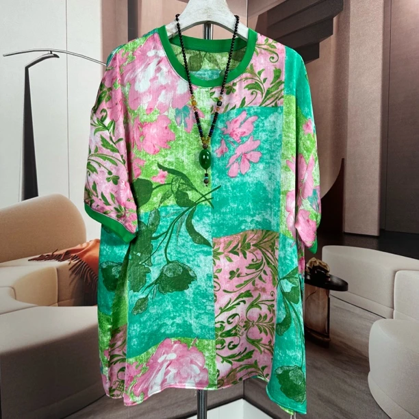 荷塘月色大码女装夏装200斤胖妹妹休闲上衣胖mm宽松显瘦速干T恤衫