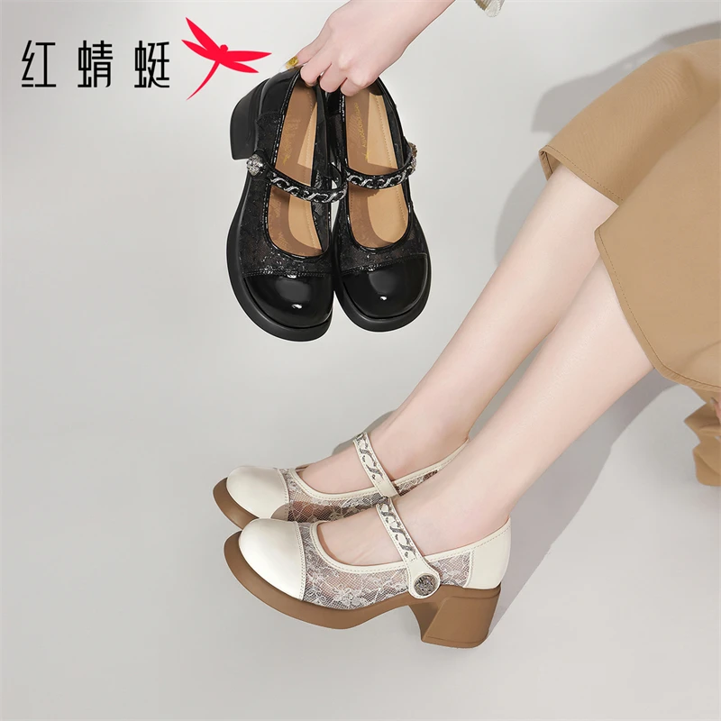 红蜻蜓女士高跟时尚百搭复古舒适简约网面透气一脚蹬圆头粗跟单鞋