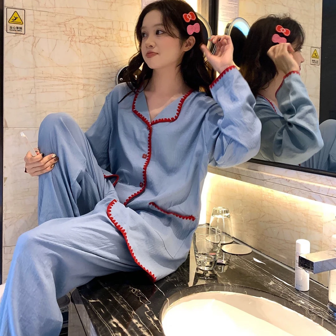 秋季新款长袖睡衣女撞色边休闲舒适可外穿家居服套装