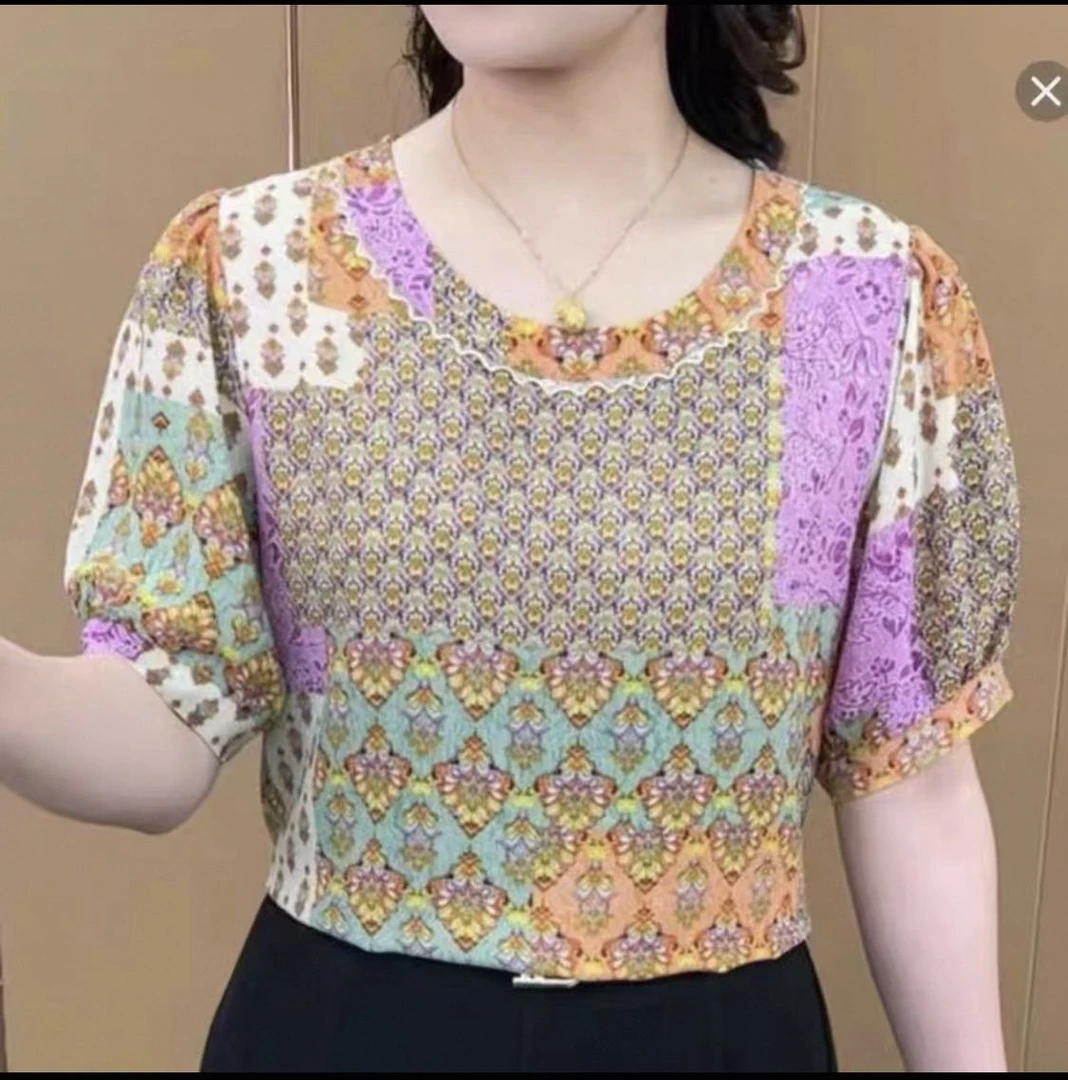 夏季新款时尚百搭圆领宽松遮肉花色休闲T恤衫1855