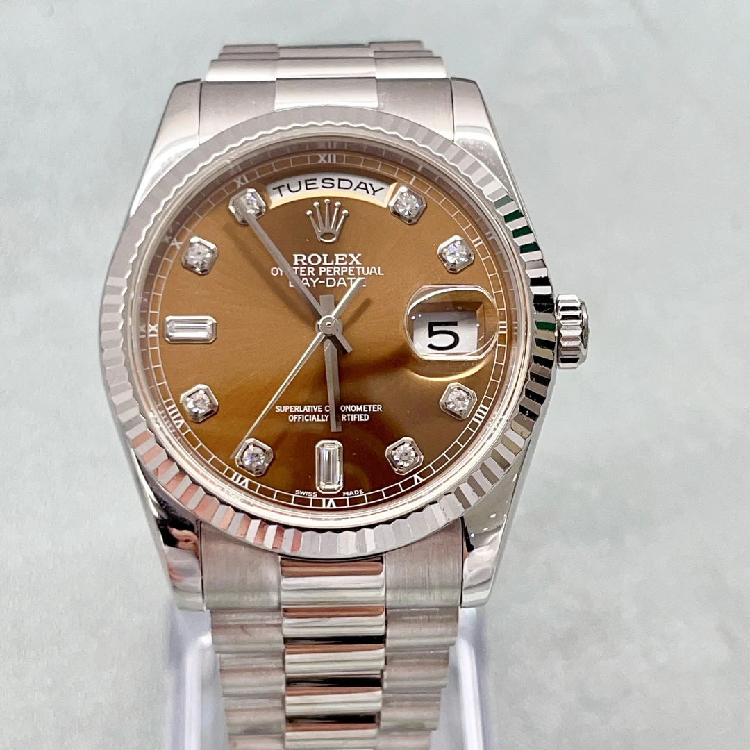 95新 Rolex/劳力士 星期日历型36mm18K白金原镶钻机械腕表118239