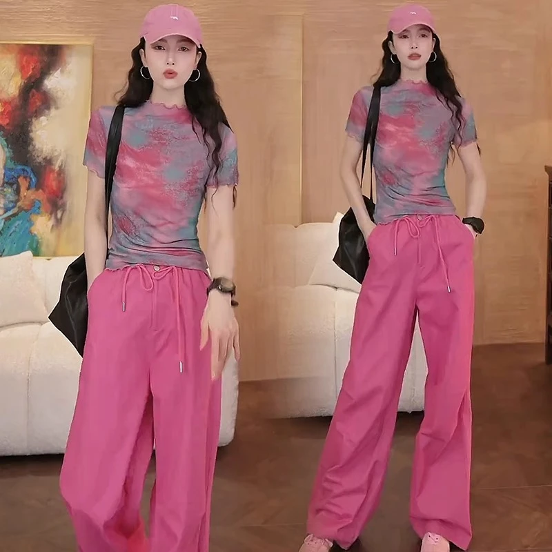 时尚套装女2025减龄新款洋气显瘦印花T恤粉色阔腿裤休闲两件套潮