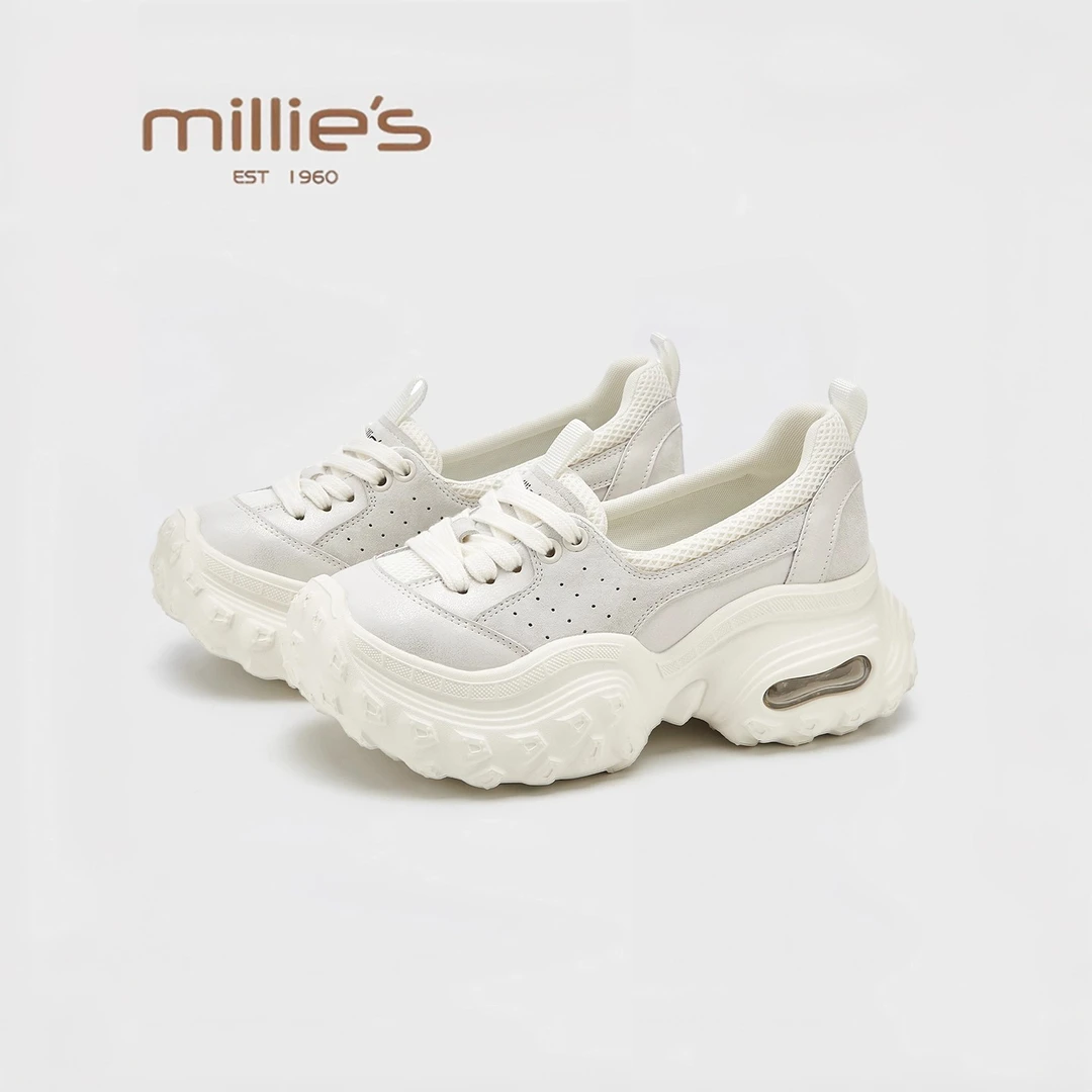 MILLIE'S/妙丽网面透气轮胎底浅口休闲鞋2025新款夏季厚底老爹鞋