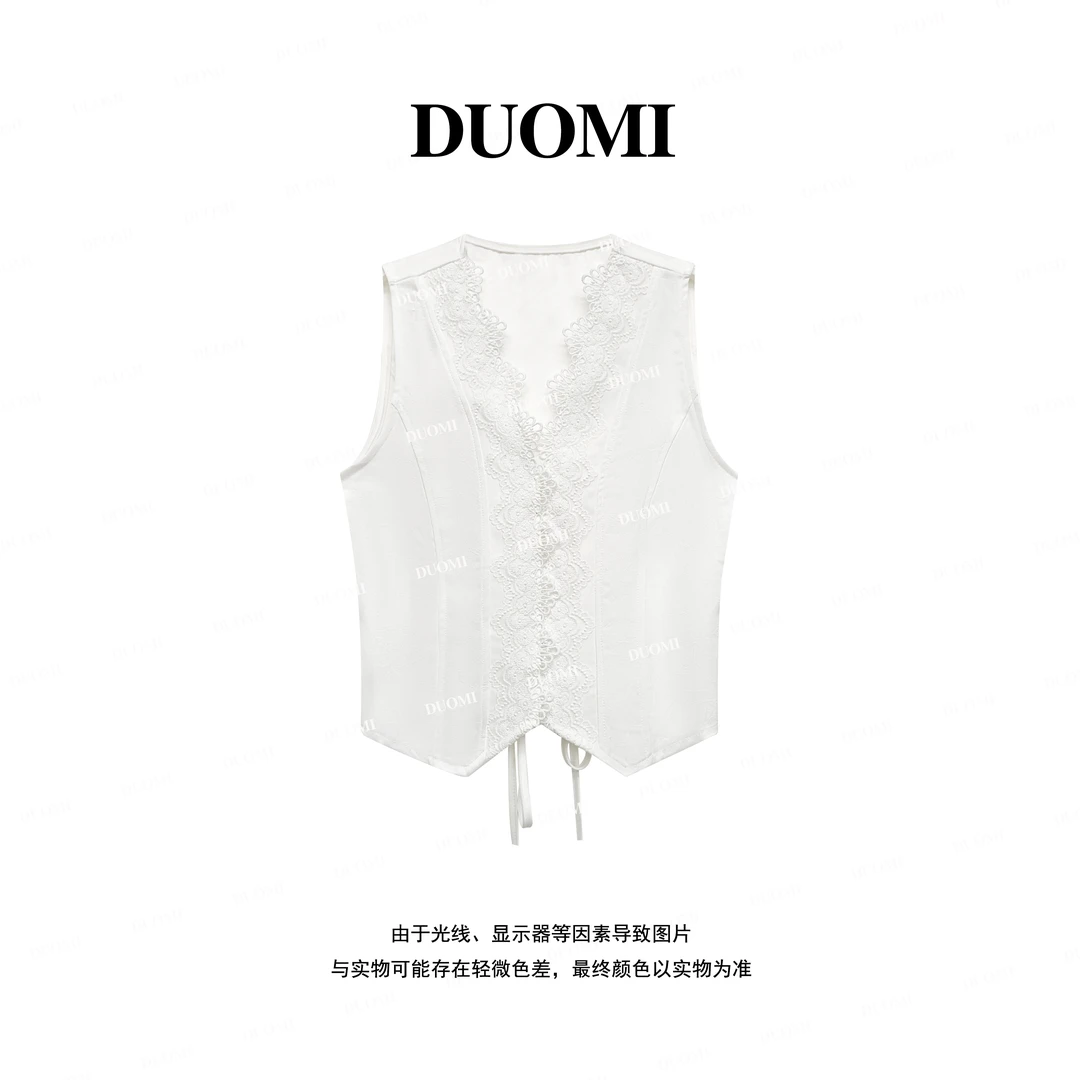 【DUOMI】夏季新款女装百搭时尚拼花边设计感无袖上衣Q61051