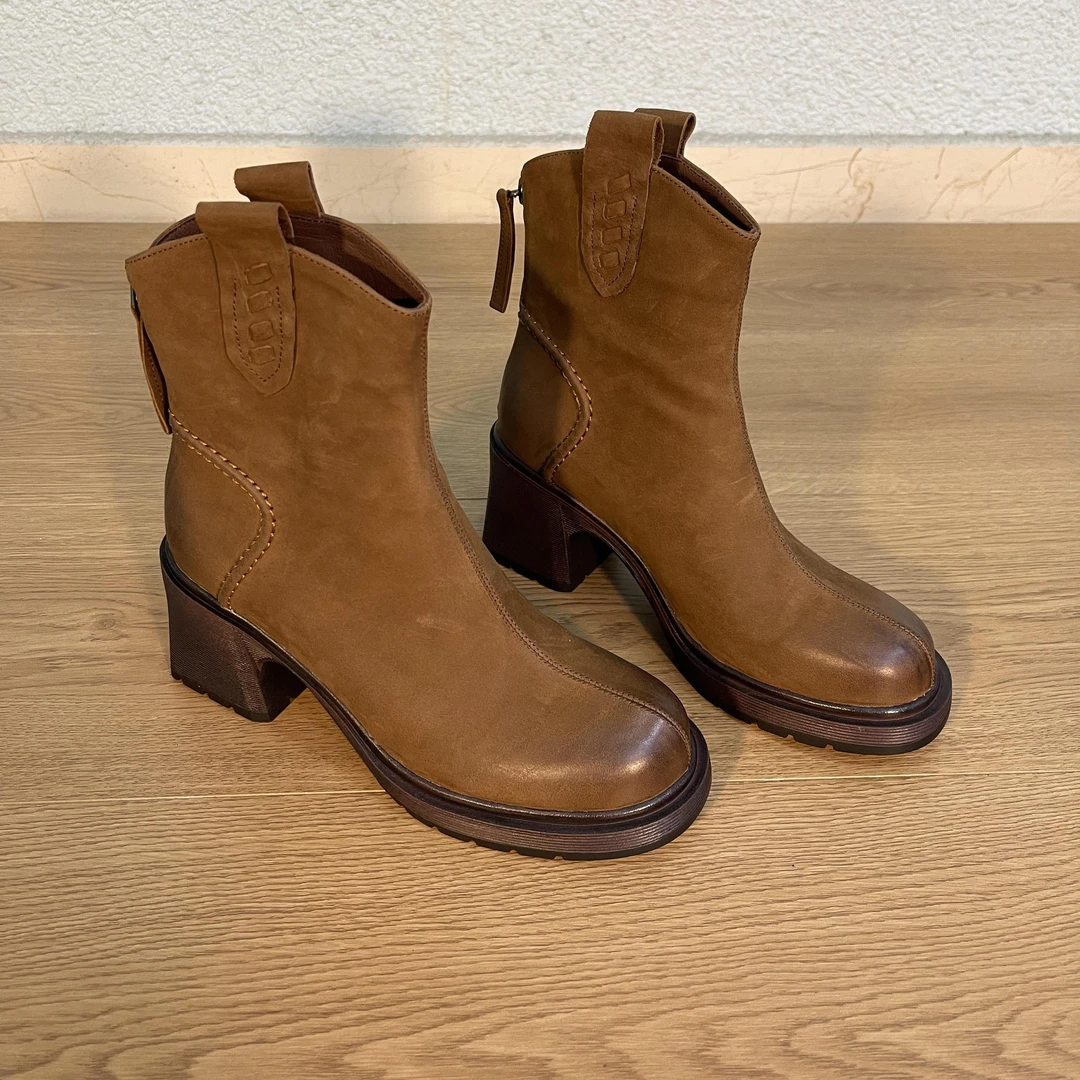 7.5cm  短靴2025冬季新款粗高跟方头后拉链短筒女靴短筒靴秋冬