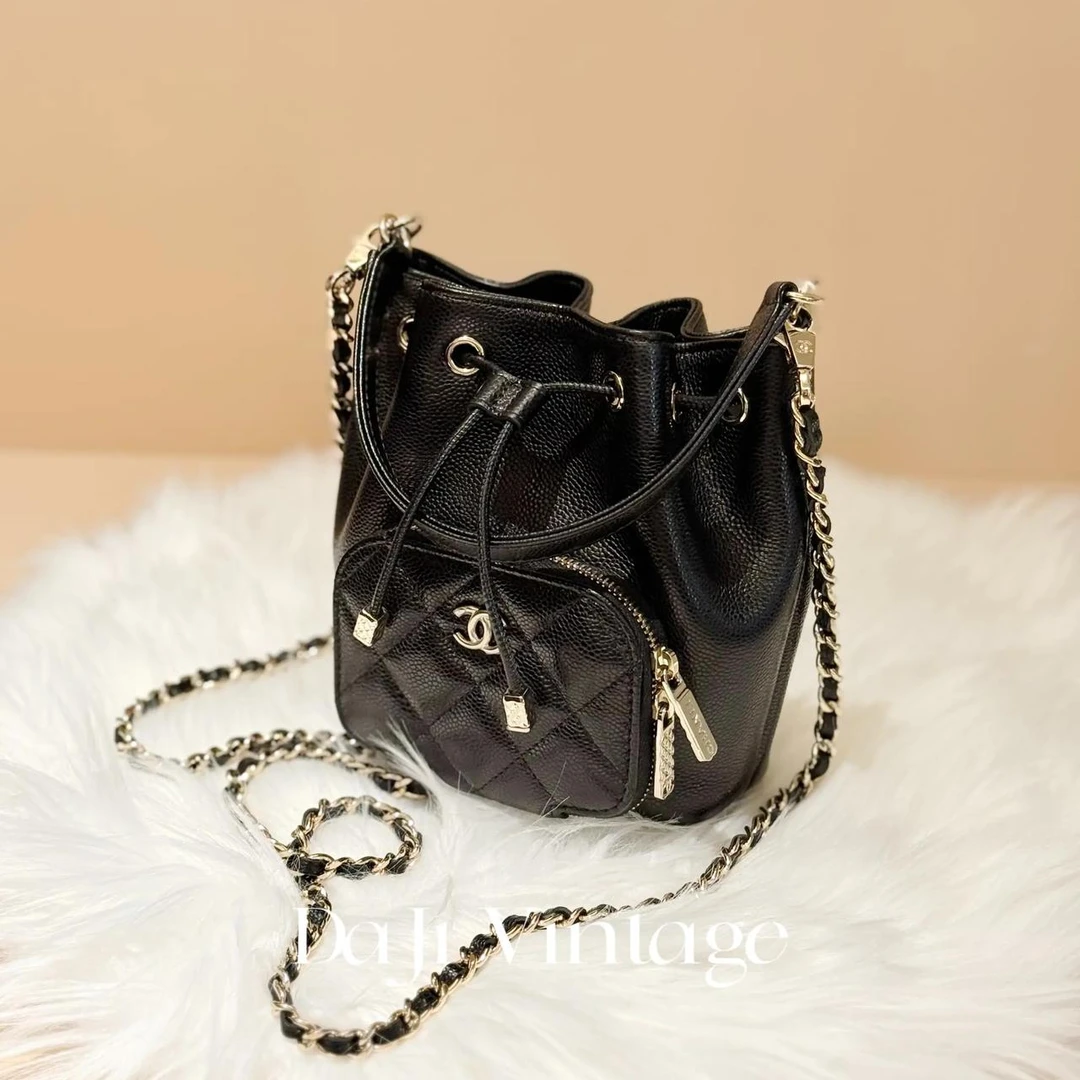 99新 Chanel/香奈儿 大吉中古/Chanel香奈儿黑金抽绳小水桶斜挎包