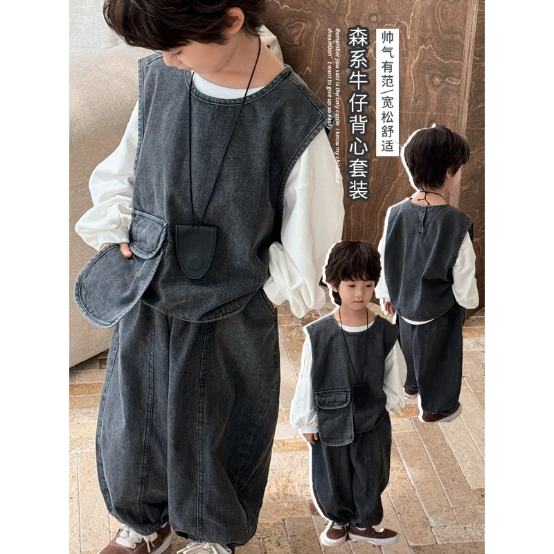 《春上新》男童女童牛仔马甲灯笼裤24QL923套装韩版儿童套装