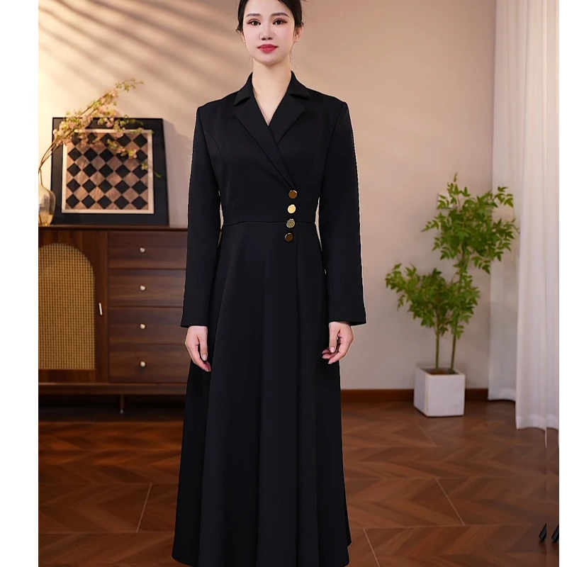 黑色长袖连衣裙气质收腰长款春秋新款女装大摆过膝显瘦高级感裙子