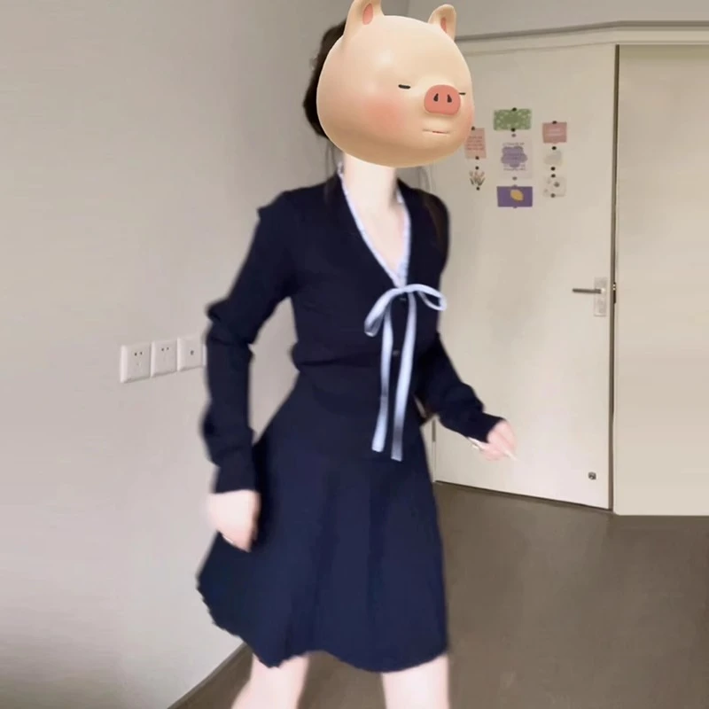 6723【金拐子专属】学院风针织连衣裙子早春新款百褶短裙套装女
