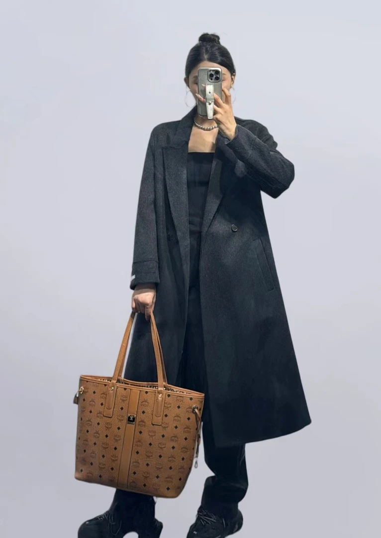 女士秋冬长款西装领轻奢休闲气质网红系带时尚双面毛呢外套大衣