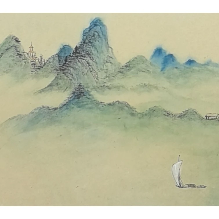 作品:小青绿山水小品(一帆风顺)。规格:47*35