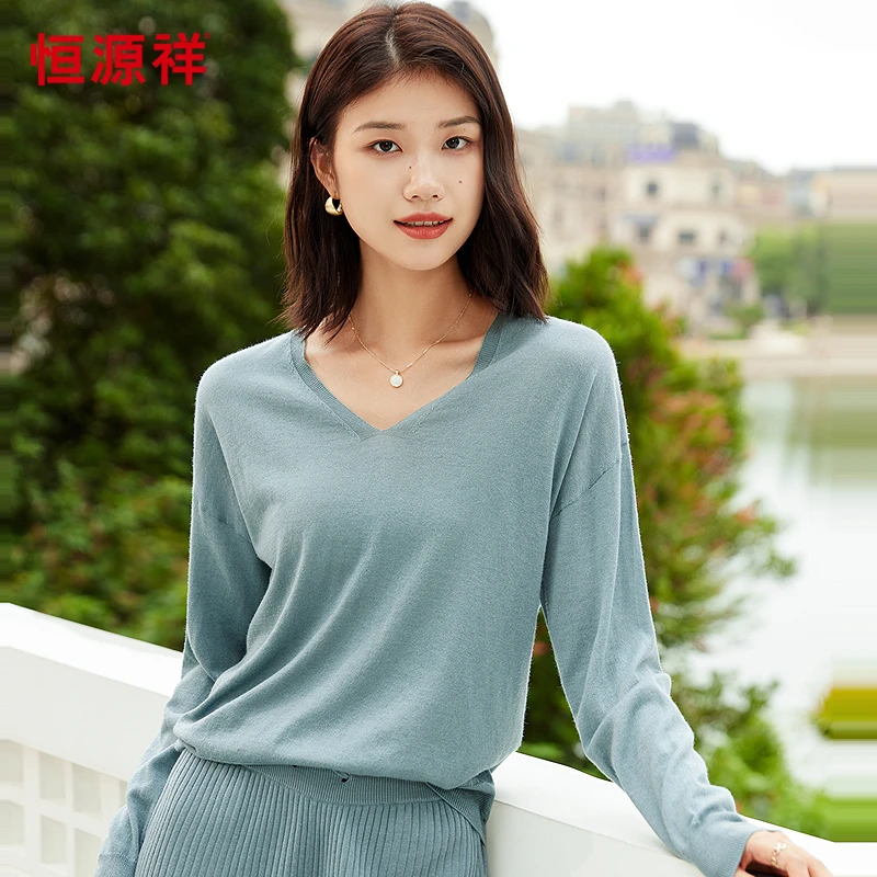 恒源祥V领套头针织衫女外穿纯色羊毛衫春季新款百搭落肩袖毛衣