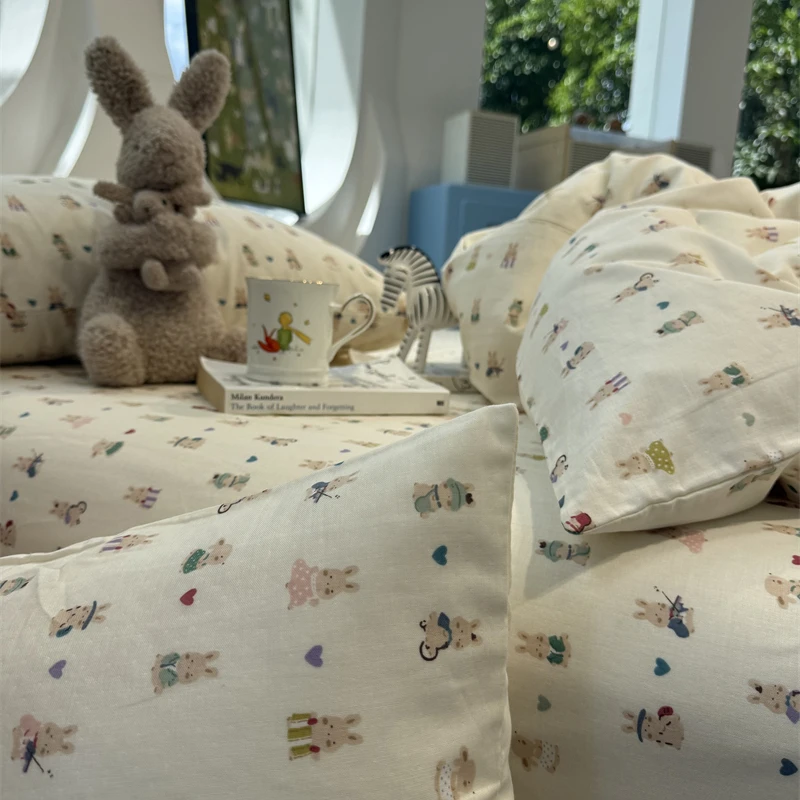 易安阁ins风双层纱少女心奶油小兔床单全纯棉四件套1.5m1.8三件套