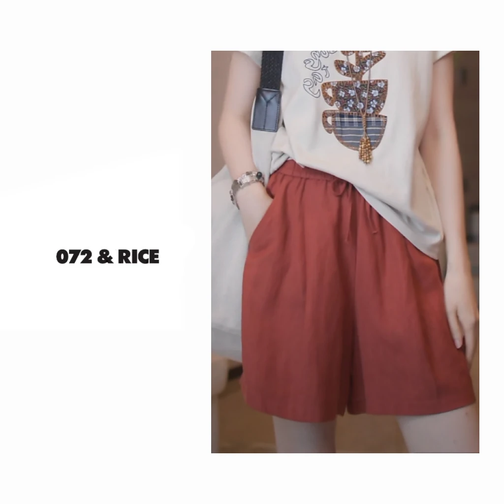 072 & RICE【风和】亚麻+莱赛尔 夏季休闲松紧抽绳短裤 32LK82