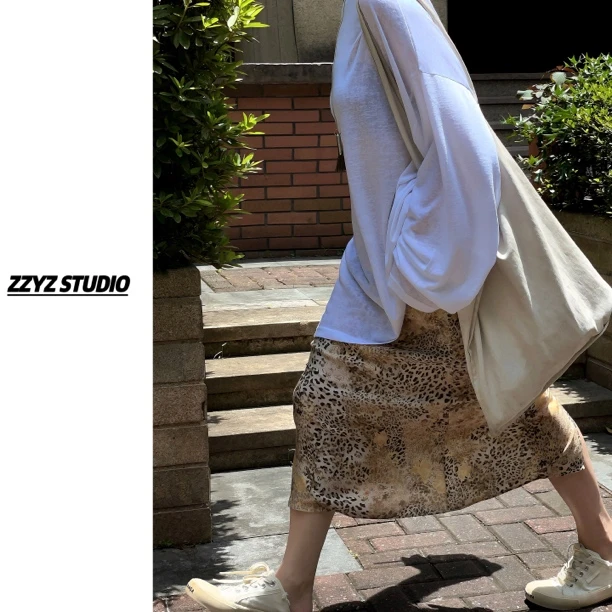 【ZZYZ】“摩登都市感”豹纹印花高腰直筒半身裙美式复古宽松显瘦长裙