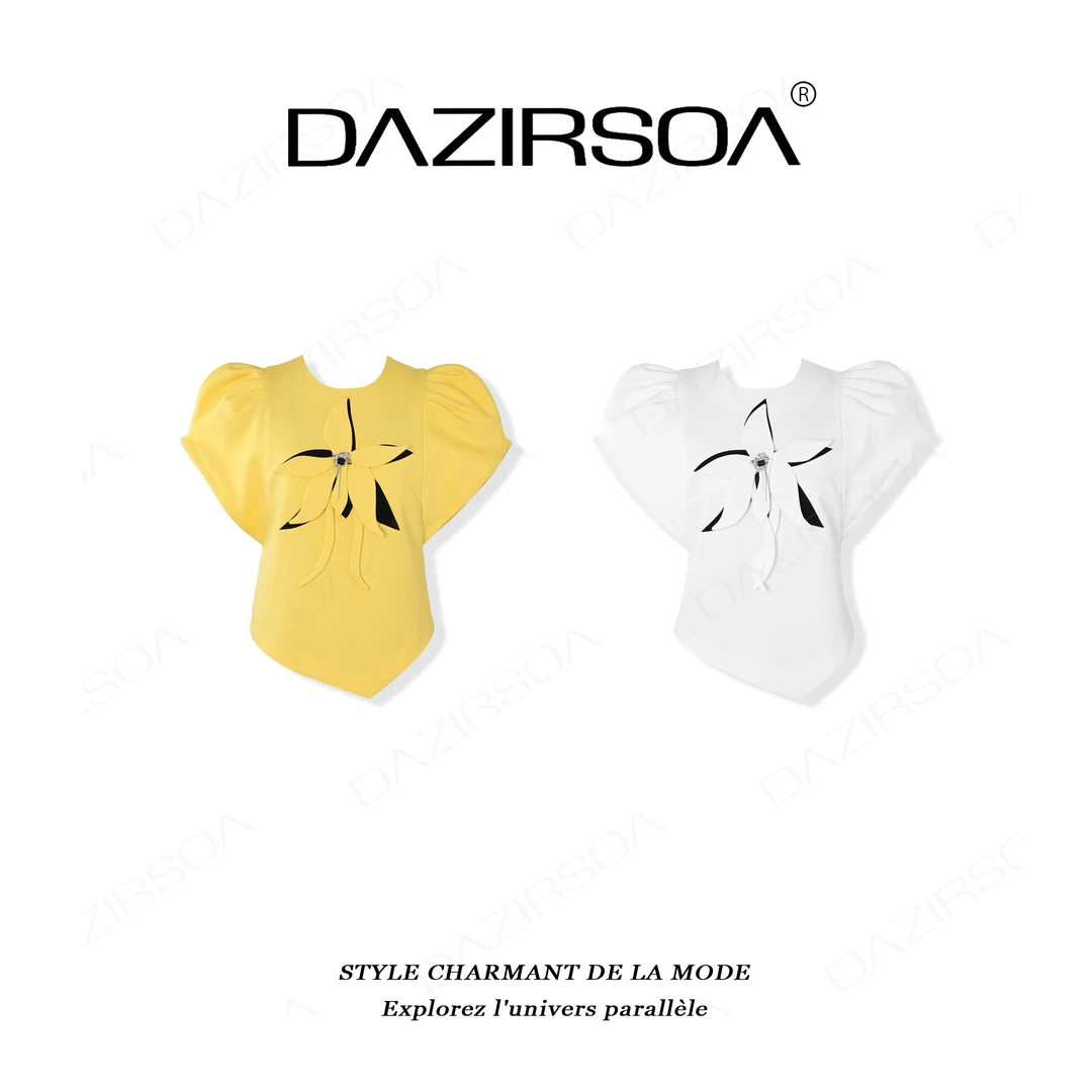 “自由笔触”时尚百搭拼接立体解构花朵小众T恤 AA615