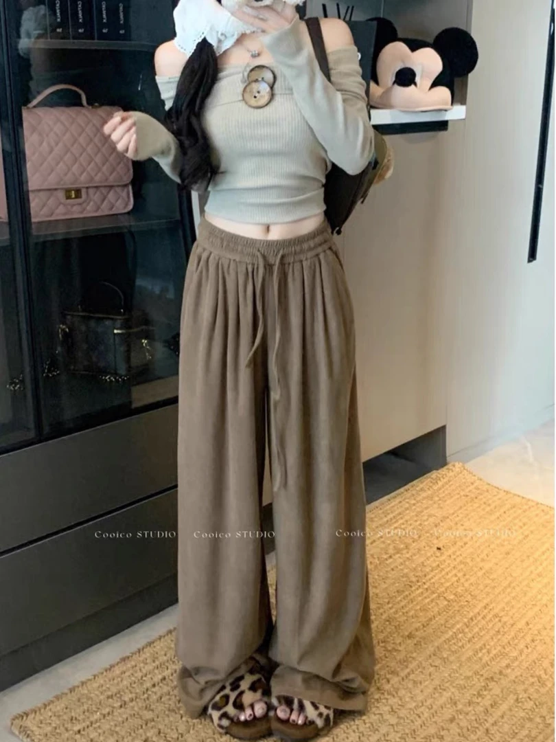 8089慵懒风软糯休闲裤女秋冬新款显瘦宽松阔腿长裤