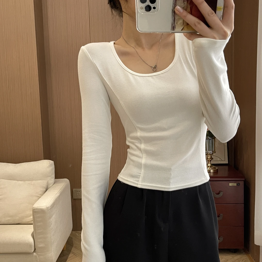 春季2025新款U领纯色修身显瘦打底衫女百搭气质时尚简约大方