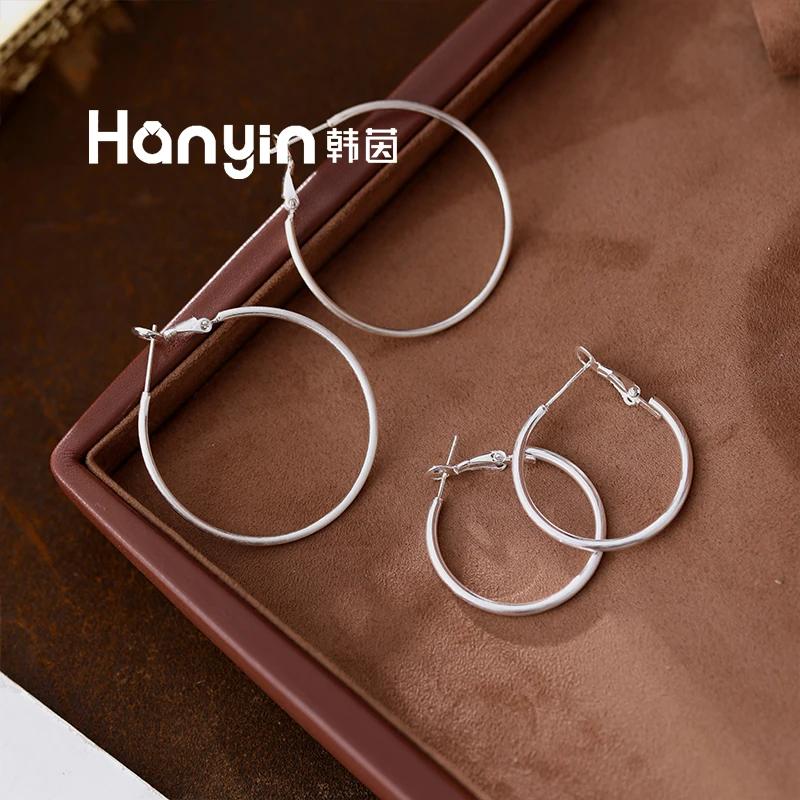 铜合金耳饰 925银针3/4cm简约百搭素圈拉丝光面耳扣轻奢高级感