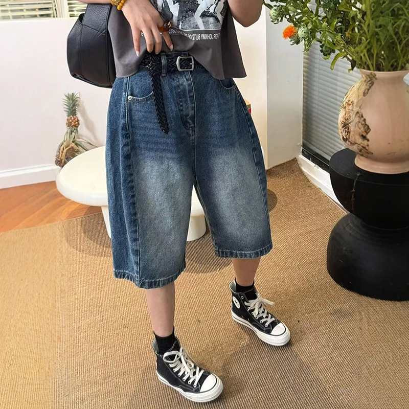 La Chapelle/拉夏贝尔大码美式牛仔短裤女夏季胖休闲宽松五分阔腿