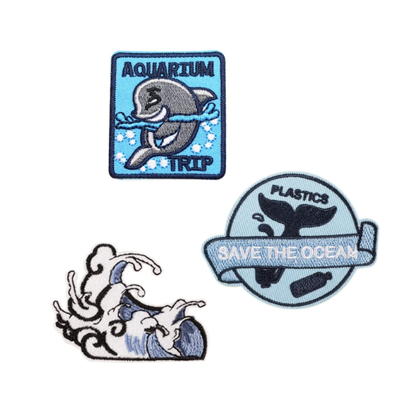 3件套5-8cm蓝色系海边浪花海豚刺绣热熔胶补丁贴衣服熨烫手缝布贴