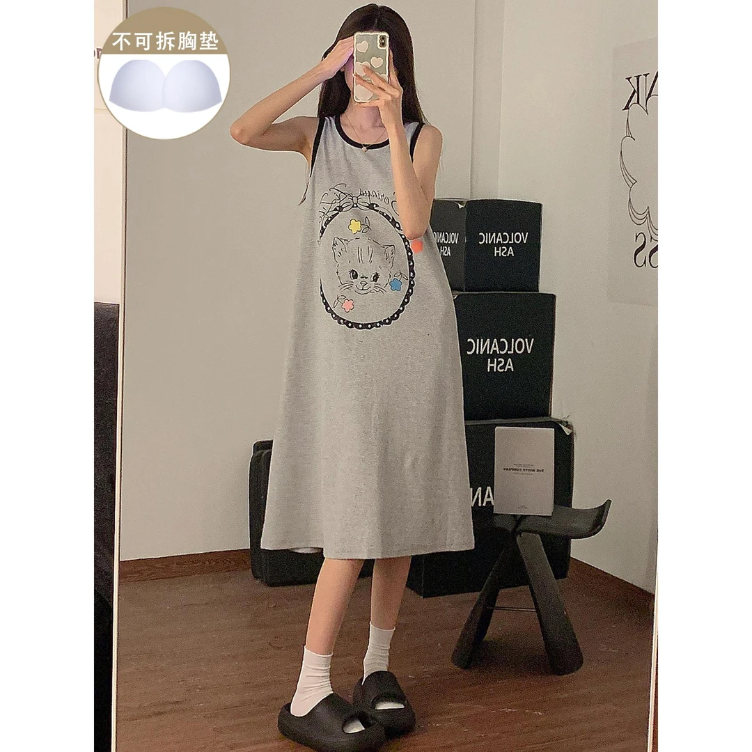 简约休闲睡衣睡裙女新款纯棉夏季灰色带胸垫背心连衣裙韩系家居服