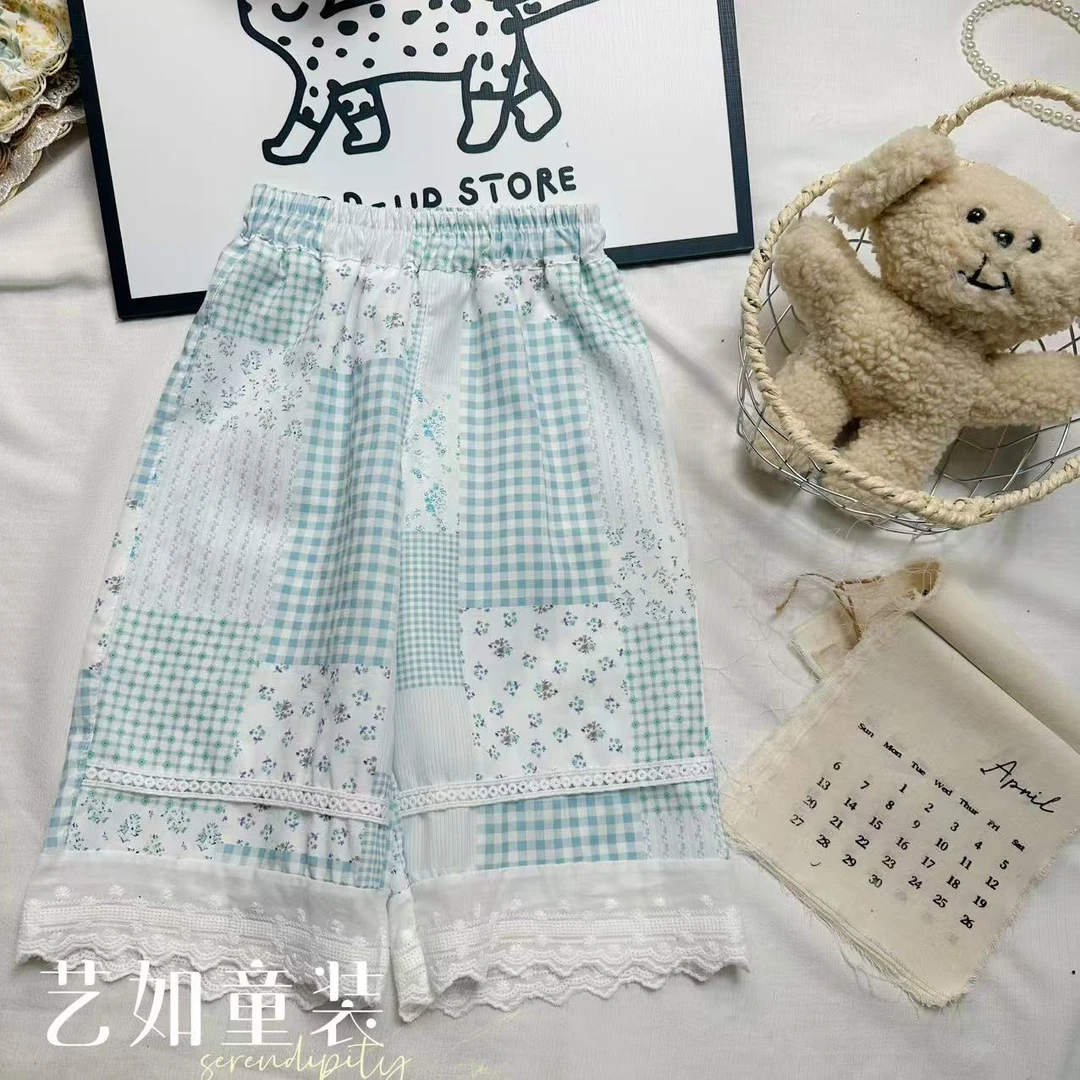 番茄家*【青花瓷】夏季上新韩系碎花格子花边阔腿九分裤D-W875