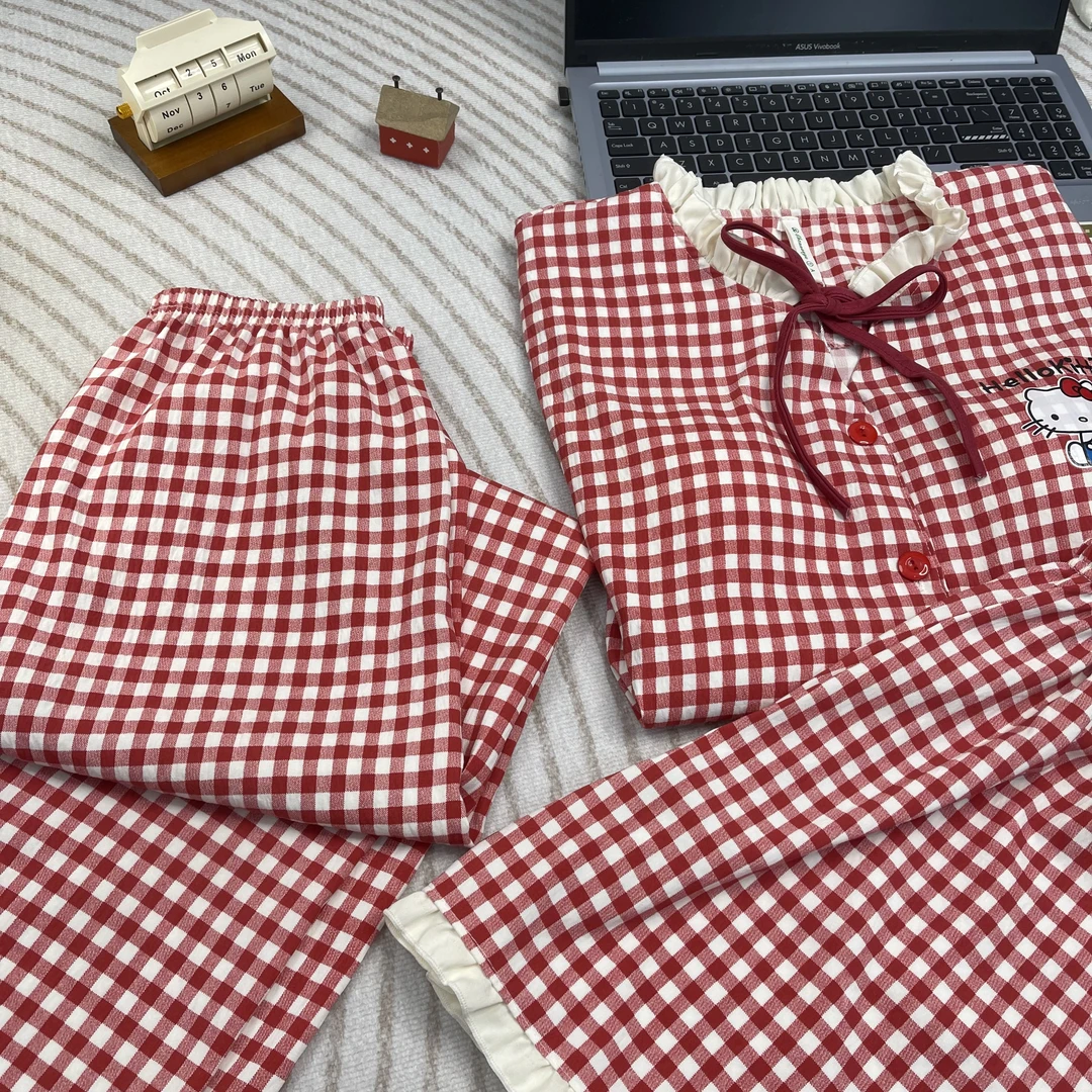 春秋季新款睡衣云朵棉长袖宽松舒适透气家居服时尚休闲出门款格子