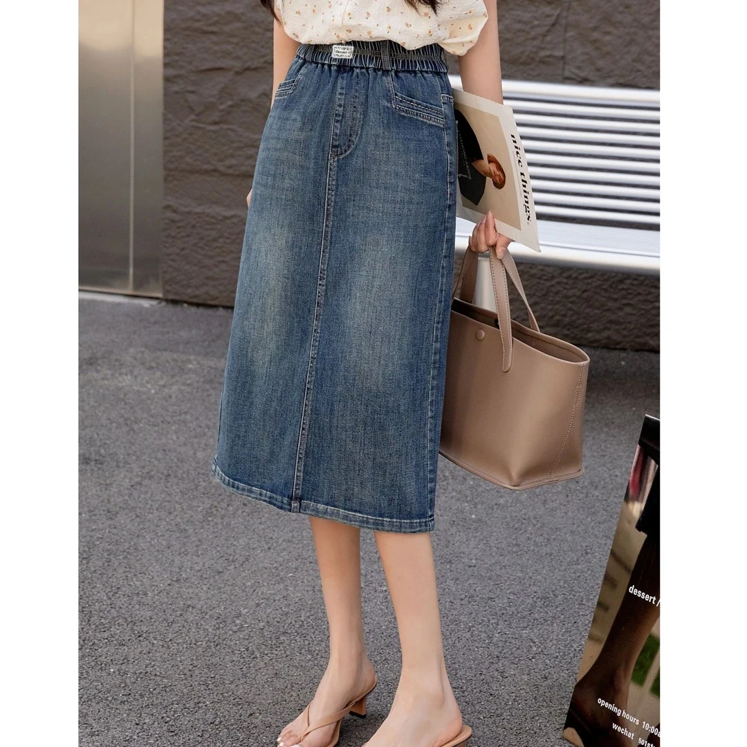 小施家夏季时尚拼接设计松紧腰闪钻牛仔半身裙5675