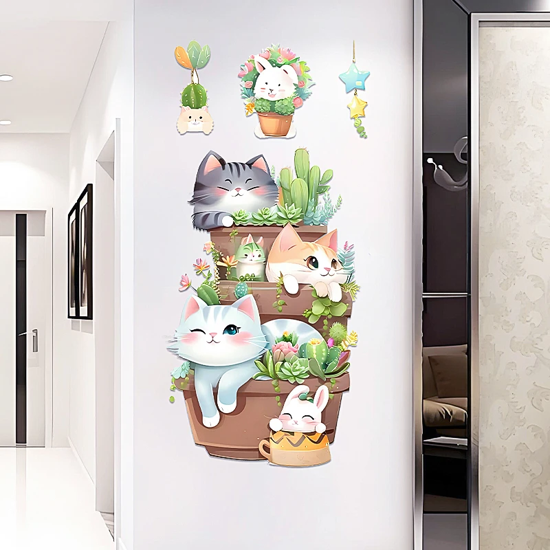 小清新猫咪绿植贴纸ins风卧室玄关墙贴装饰自粘防水防潮半透墙贴
