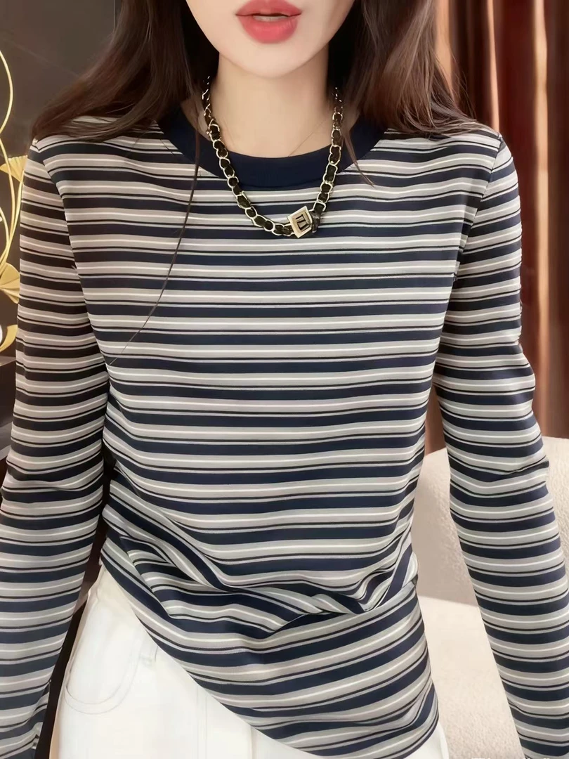 潮款复古ins撞色条纹长袖上衣女生秋季圆领正肩通勤款T恤25112
