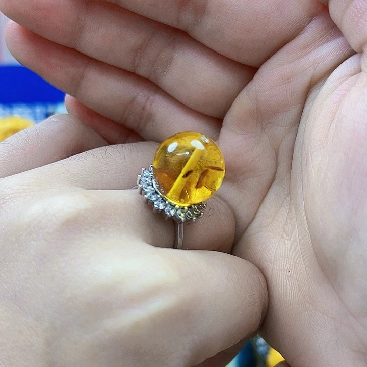 蜜蜡银S925镶嵌裸石戒指