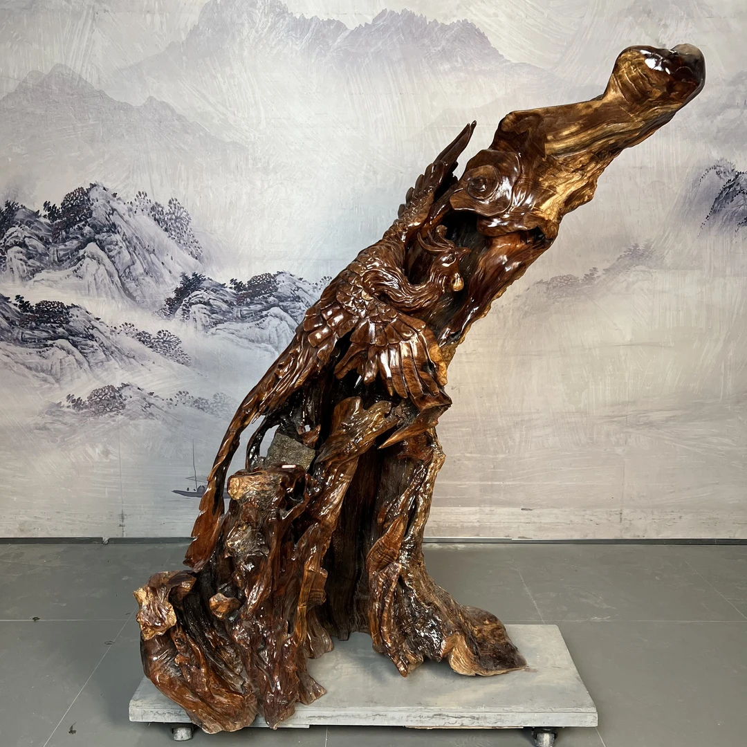 根雕花架树根天然原木客厅室内阳台中式造型凤凰装饰品摆件落地式